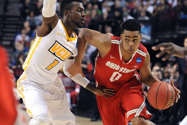 Ohio State guard D'Angelo Russell, right, drives against Virginia Commonwealth guard JeQuan Lewis during the first half of in the secound round of the NCAA college basketball tournament in Portland, Ore., Thursday, March 19, 2015. (AP Photo/Greg Wahl-Stephens)