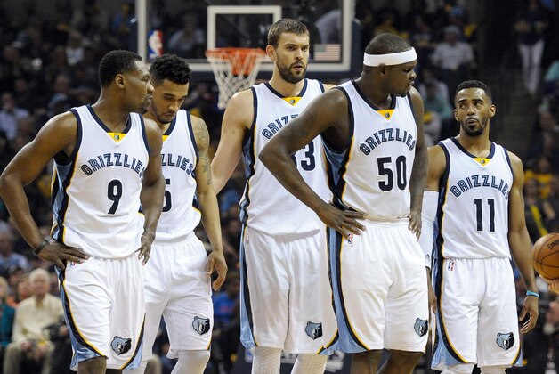 Apr 22, 2015; Memphis, TN, USA; Memphis Grizzlies forward Tony Allen (9) Memphis Grizzlies guard Courtney Lee (5) Memphis Grizzlies center Marc Gasol (33) Memphis Grizzlies forward Zach Randolph (50) and Memphis Grizzlies guard Mike Conley (11) during the game against the Portland Trail Blazers in game two of the first round of the NBA Playoffs at FedExForum. Mandatory Credit: Justin Ford-USA TODAY Sports