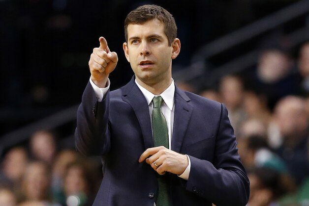Feb 27, 2015; Boston, MA, USA; Boston Celtics head coach Brad Stevens directs his team during the second half of the Boston Celtics 106-98 win over the Charlotte Hornets at TD Garden. Mandatory Credit: Winslow Townson-USA TODAY Sports