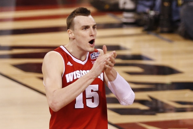 Apr 4, 2015; Indianapolis, IN, USA; Wisconsin Badgers forward Sam Dekker (15) reacts at the end of the 2015 NCAA Men's Division I Championship semi-final game against the Kentucky Wildcats at Lucas Oil Stadium. Wisconsin won 71-64. Mandatory Credit: Brian Spurlock-USA TODAY Sports