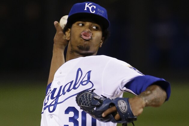 Kansas City Royals pitcher Yordano Ventura throws during the first inning of Game 6 of baseball's World Series against the San Francisco Giants Tuesday, Oct. 28, 2014, in Kansas City, Mo. (AP Photo/Matt Slocum)