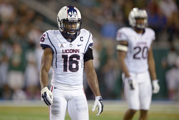 Oct 11, 2014; New Orleans, LA, USA; Connecticut Huskies cornerback Byron Jones (16) looks for a signal against the Tulane Green Wave in the third quarter at Yulman Stadium. Mandatory Credit: Glenn Andrews-USA TODAY Sports