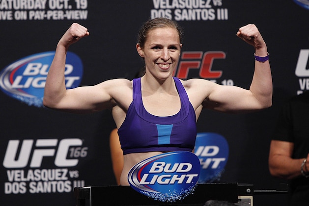 Oct 18, 2013; Houston, TX, USA; Sarah Kaufman during the weigh-in for UFC 166 at Toyota Center. Mandatory Credit: Andrew Richardson-USA TODAY Sports