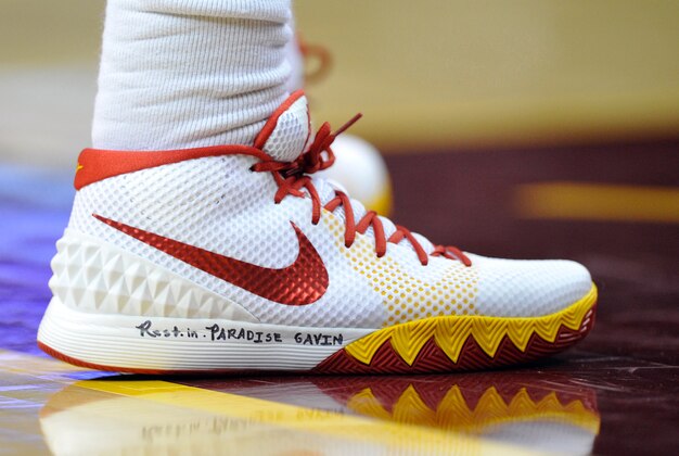 Apr 2, 2015; Cleveland, OH, USA; A detailed view of the shoe of Cleveland Cavaliers guard Kyrie Irving (2) inscribed
