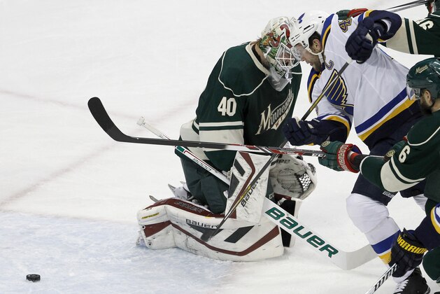 St. Louis Blues center David Backes, right, scores on Minnesota Wild goalie Devan Dubnyk (40) during the first period of Game 4 of an NHL hockey first-round playoff series game in St. Paul, Minn., Wednesday, April 22, 2015. (AP Photo/Ann Heisenfelt)
