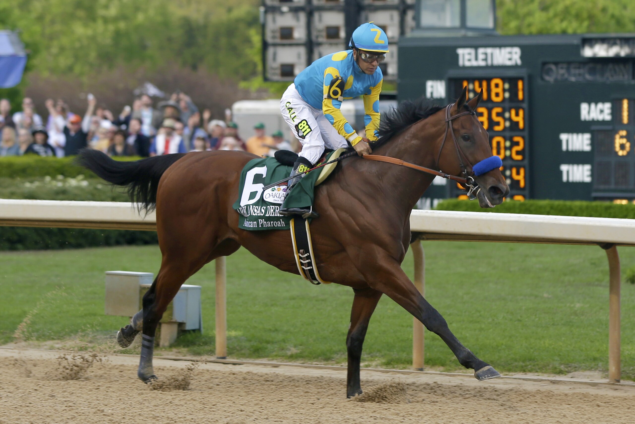 Jockey Victor Espinoza leads American Pharoah to the finish to win the $1 million Arkansas Derby horse race at Oaklawn Park in Hot Springs, Ark., Saturday, April 11, 2015. (AP Photo/Danny Johnston)