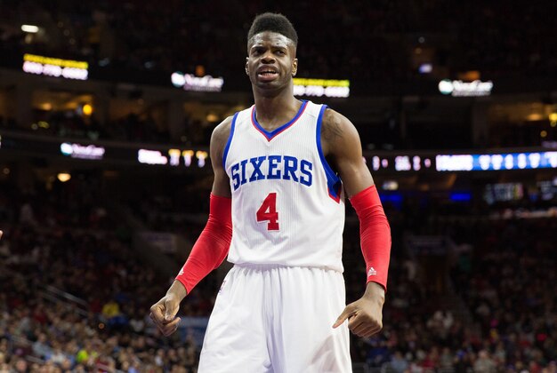 Mar 27, 2015; Philadelphia, PA, USA; Philadelphia 76ers center Nerlens Noel (4) reacts after a score against the Los Angeles Clippers during the second quarter at Wells Fargo Center. Mandatory Credit: Bill Streicher-USA TODAY Sports