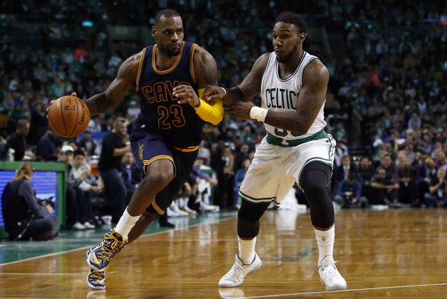 Apr 23, 2015; Boston, MA, USA; Cleveland Cavaliers forward LeBron James (23) drives the ball against Boston Celtics forward Jae Crowder (99) during the second half in game three of the first round of the NBA Playoffs at TD Garden. The Cavaliers defeated the Celtics 103.95. Mandatory Credit: David Butler II-USA TODAY Sports