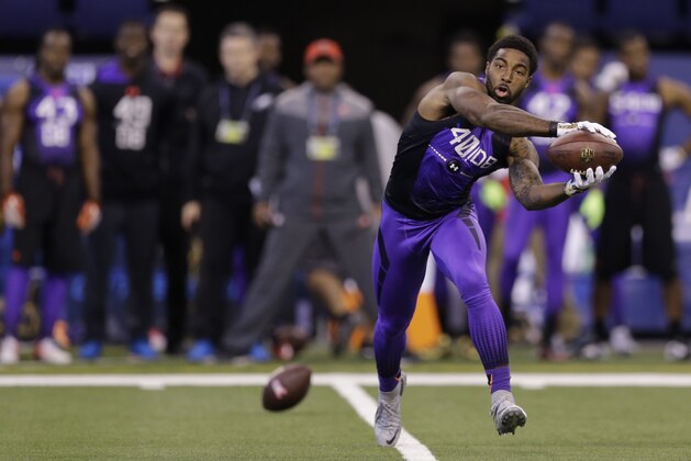 Miami of Ohio defensive back Quinten Rollins runs a drill at the NFL football scouting combine in Indianapolis, Monday, Feb. 23, 2015. (AP Photo/Julio Cortez)