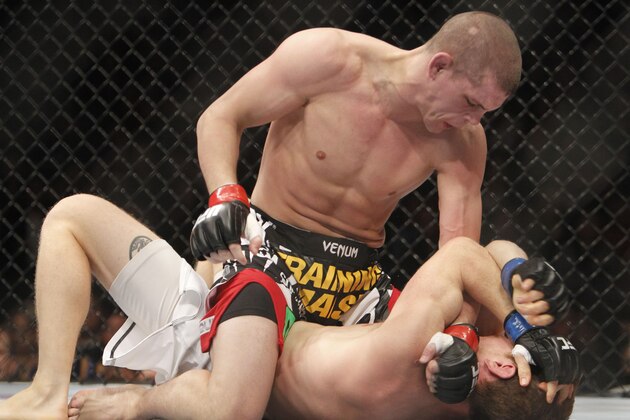 Joe Lauzon, top, battles Mac Danzig during a UFC Mixed Martial Arts lightweight fight in Sacramento, Calif., on Saturday, Dec. 14, 2013.(AP Photo/Steve Yeater)