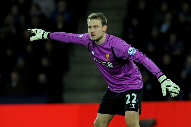 Liverpool's Simon Mignolet during the English Premier League soccer match between Leicester City and Liverpool at King Power Stadium, in Leicester, England, Tuesday, Dec. 2, 2014.  (AP Photo/Rui Vieira)
