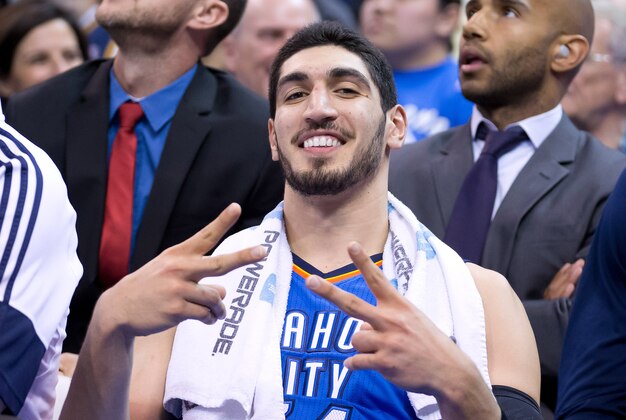Mar 28, 2015; Salt Lake City, UT, USA; Oklahoma City Thunder center Enes Kanter (34) reacts from the bench area during the first half against the Utah Jazz at EnergySolutions Arena. Mandatory Credit: Russ Isabella-USA TODAY Sports