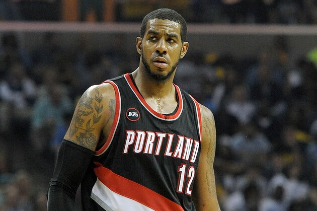 Apr 22, 2015; Memphis, TN, USA; Portland Trail Blazers forward LaMarcus Aldridge (12) during the game against the Memphis Grizzlies in game two of the first round of the NBA Playoffs at FedExForum. Memphis Grizzlies beat Portland Trail Blazers 97 - 82 Mandatory Credit: Justin Ford-USA TODAY Sports