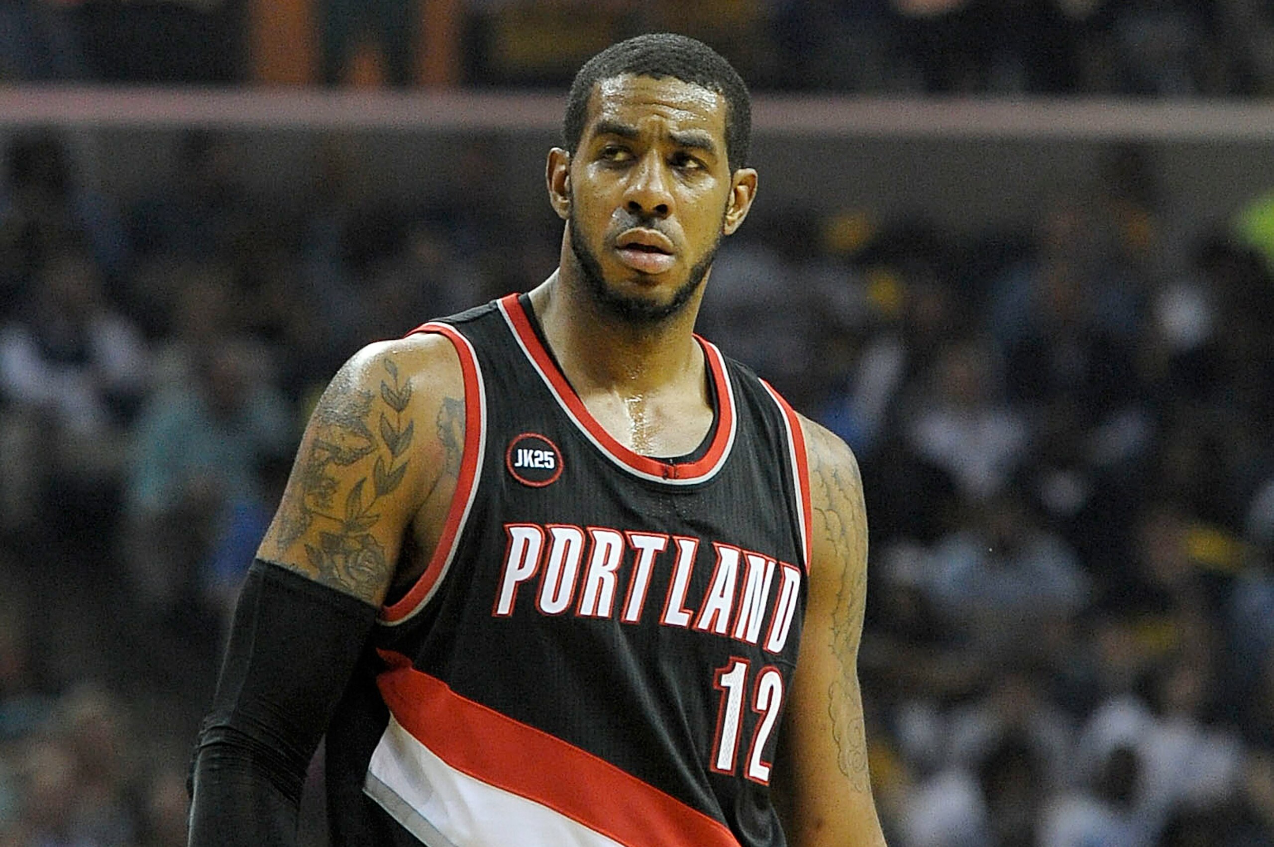 Apr 22, 2015; Memphis, TN, USA; Portland Trail Blazers forward LaMarcus Aldridge (12) during the game against the Memphis Grizzlies in game two of the first round of the NBA Playoffs at FedExForum. Memphis Grizzlies beat Portland Trail Blazers 97 - 82 Mandatory Credit: Justin Ford-USA TODAY Sports