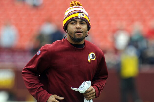 Redskins wide receiver DeSean Jackson during team warm-ups prior to the start of their NFL football game against the Dallas Cowboys in Landover, Md., Sunday, Dec. 28, 2014. Cowboys defeated the Redskins 44-17. (AP Photo/Richard Lipski)