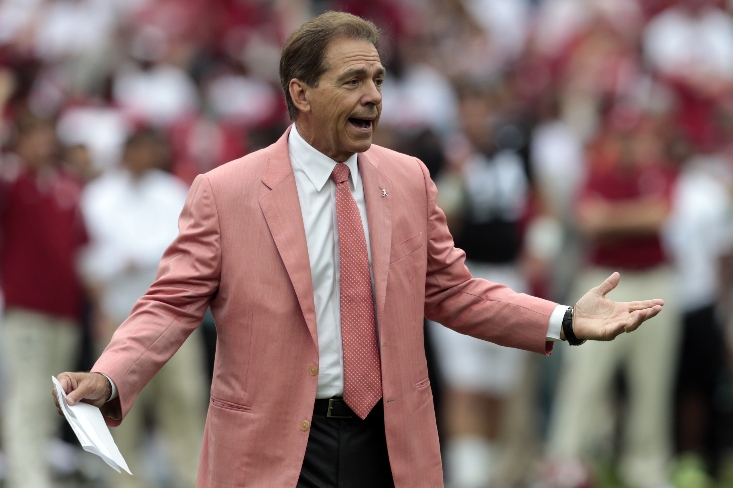 Alabama head coach Nick Saban reacts to a play during the first half of Alabama's spring NCAA college football game, Saturday, April 18, 2015, in Tuscaloosa, Ala. (AP Photo/Butch Dill) Alabama head coach Nick Saban reacts to a play during the first half of Alabama's spring NCAA college football game, Saturday, April 18, 2015, in Tuscaloosa, Ala. (AP Photo/Butch Dill)