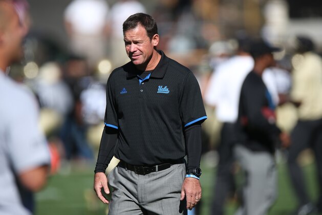 UCLA head coach Jim Mora looks on against Colorado in the first quarter of an NCAA football game in Boulder, Colo., on Saturday, Oct. 25, 2014. (AP Photo/David Zalubowski)