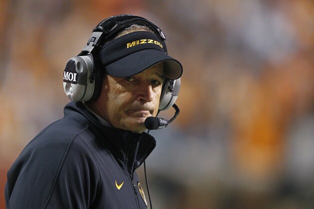Missouri head coach Gary Pinkel in the second half of an NCAA college football game against Tennessee  Saturday, Nov. 22, 2014 in Knoxville, Tenn. Missouri won 29-21. (AP Photo/Wade Payne)