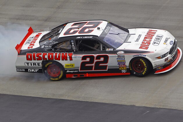 Driver Joey Logano (22) does a burnout after winning a NASCAR Xfinity Series auto race at Bristol Motor Speedway on Saturday, April 18, 2015, in Bristol, Tenn. (AP Photo/Wade Payne) Driver Joey Logano (22) does a burnout after winning a NASCAR Xfinity Series auto race at Bristol Motor Speedway on Saturday, April 18, 2015, in Bristol, Tenn. (AP Photo/Wade Payne)