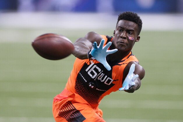 Feb 21, 2015; Indianapolis, IN, USA; Miami Hurricanes wide receiver Phillip Dorsett catches a pass during the 2015 NFL Combine at Lucas Oil Stadium. Mandatory Credit: Brian Spurlock-USA TODAY Sports