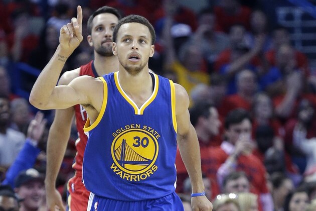 Golden State Warriors guard Stephen Curry (30) reacts after hitting a three-point shot during the second half of Game 3 of a first-round NBA basketball playoff series against the New Orleans Pelicans in New Orleans, Thursday, April 23, 2015. The Warriors won in overtime 123-119, to take a 3-0 lead in the best-of-seven series. (AP Photo/Gerald Herbert)