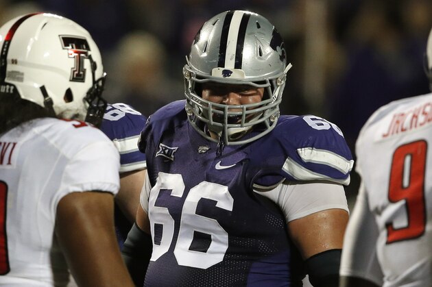 Kansas State offensive lineman BJ Finney (66) during the first half of an NCAA college football game against Texas Tech in Manhattan, Kan., Saturday, Oct. 4, 2014. (AP Photo/Orlin Wagner)