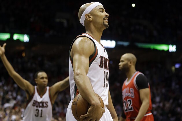 Milwaukee Bucks' Jerryd Bayless (19) reacts after making the game-winning shot during the second half of Game 4 of an NBA basketball first-round playoff series against the Chicago Bulls Saturday, April 25, 2015, in Milwaukee. The Bucks won 92-90. The Bulls lead the series 3-1. (AP Photo/Morry Gash)