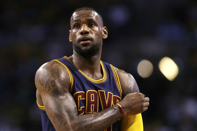 Cleveland Cavaliers forward LeBron James (23) during the first half of a first-round NBA playoff basketball game in Boston, Thursday, April 23, 2015. The Cavaliers defeated the Celtics and take a 3-0 lead in the series. (AP Photo/Charles Krupa)