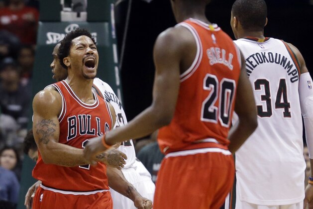 Chicago Bulls' Derrick Rose reacts after scoring during the second overtime of Game 3 of an NBA basketball first-round playoff series against the Milwaukee Bucks on Thursday, April 23, 2015, in Milwaukee. The Bulls won 113-106 to take a 3-0 lead in the series. (AP Photo/Morry Gash)