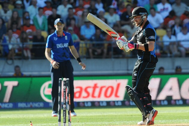 New Zealand batsman Brendon McCullum looks around to see he is bowled for 77 runs during their Cricket World Cup match against England in Wellington, New Zealand, Friday Feb. 20, 2015. (AP Photo/Ross Setford)