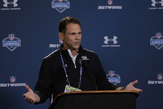 San Francisco 49ers general manager Trent Baalke answers a question during a news conference at the NFL football scouting combine in Indianapolis, Wednesday, Feb. 18, 2015. (AP Photo/David J. Phillip)