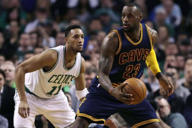 Cleveland Cavaliers forward LeBron James (23) during the first half of a first-round NBA playoff basketball game in Boston, Thursday, April 23, 2015. The Cavaliers defeated the Celtics and take a 3-0 lead in the series. (AP Photo/Charles Krupa)