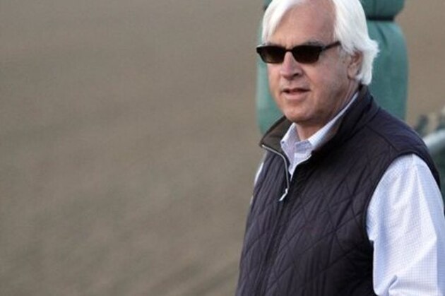 FILE - In this May 17, 2014, file photo, trainer Bob Baffert watches his Preakness Stakes entrant Bayern gallop at Pimlico Race Course in Baltimore. Baffert can't believe his good fortune. The Hall of Fame trainer has two strong Kentucky Derby threats in his barn. (AP Photo/Garry Jones, File)