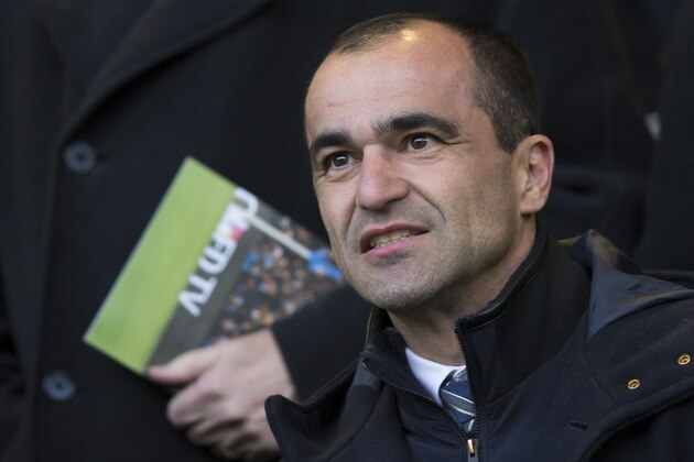 Everton manager Roberto Martinez take his seat in the stands to watch the English Premier League soccer match between Burnley and Manchester City at Turf Moor Stadium, Burnley, England, Saturday March 14, 2015. (AP Photo/Jon Super)