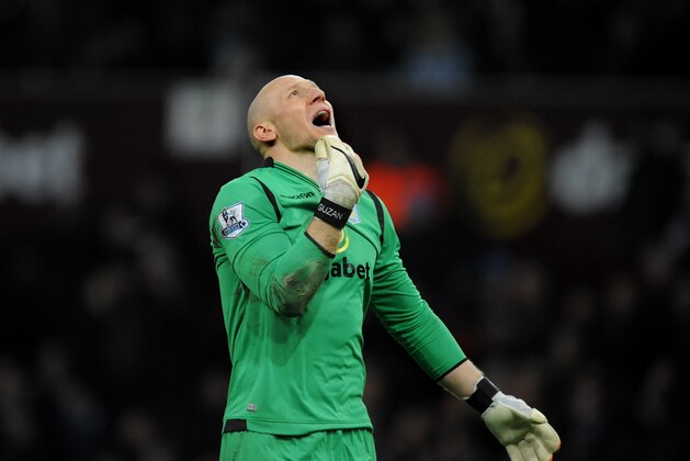 Aston Villa's Brad Guzan during the English Premier League soccer match between Aston Villa and Manchester United at Villa Park, in  Birmingham, England, Saturday, Dec. 20, 2014.  (AP Photo/Rui Vieira)