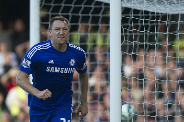 Chelsea's John Terry reacts during the English Premier League soccer match between Chelsea and Manchester United, at Stamford Bridge Stadium in London, Saturday, April 18, 2015. (AP Photo/Bogdan Maran)