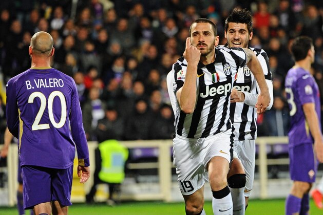Juventus' Leonardo Bonucci celebrates after scoring during an Italian Cup semifinal return soccer match between Juventus and Fiorentina,  at the Artemio Franchi stadium in Florence, Italy, April 7, 2015. (AP Photo/Maurizio Degl' Innocenti) ITALY OUT