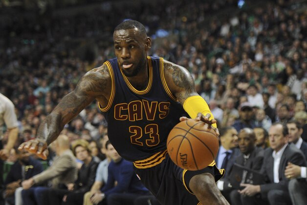 Apr 26, 2015; Boston, MA, USA; Cleveland Cavaliers forward LeBron James (23) drives to the basket during the first half in game four of the first round of the NBA Playoffs against the Boston Celtics. at TD Garden. Mandatory Credit: Bob DeChiara-USA TODAY Sports
