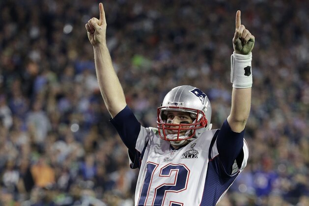 New England Patriots quarterback Tom Brady (12) celebrates during the second half of NFL Super Bowl XLIX football game against the Seattle Seahawks on Sunday, Feb. 1, 2015, in Glendale, Ariz. The Patriots won 28-24. (AP Photo/Kathy Willens)