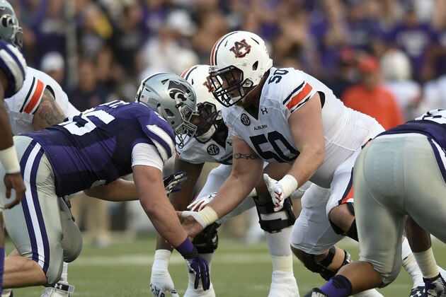 Auburn Tigers offensive linesman Reese Dismukes (50) during an NCAA college football game Thursday, Sept. 18, 2014 in Manhattan, Kan. (AP Photo/Reed Hoffmann)