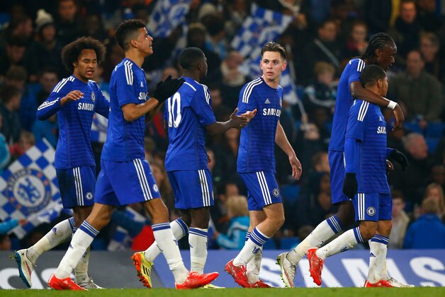 LONDON, ENGLAND - MARCH 18:  Charlie Colkett of Chelsea celebrates his second goal during the FA Youth Cup Semi Final second leg match between Chelsea and Tottenham Hotspur at Stamford Bridge on March 18, 2015 in London, England.  (Photo by Clive Rose/Getty Images)