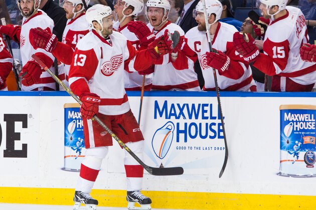 TAMPA, FL - APRIL 25: Pavel Datsyuk #13 of the Detroit Red Wings celebrates his goal against the Tampa Bay Lightning during the third period of Game Five of the Eastern Conference Quarterfinals during the 2015 NHL Stanley Cup Playoffs at the Amalie Arena on April 25, 2015 in Tampa, Florida.  (Photo by Scott Audette/NHLI via Getty Images)
