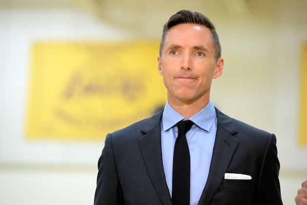 EL SEGUNDO, CA - MARCH 24: Steve Nash #10 of the Los Angeles Lakers after a press conference announcing his retirement from the NBA at Toyota Sports Center on March 24, 2015 in El Segundo, California. NOTE TO USER: User expressly acknowledges and agrees that, by downloading and/or using this Photograph, user is consenting to the terms and conditions of the Getty Images License Agreement. Mandatory Copyright Notice: Copyright 2015 NBAE (Photo by Andrew D. Bernstein/NBAE via Getty Images)