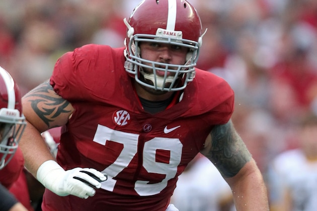 Sep 13, 2014; Tuscaloosa, AL, USA; Alabama Crimson Tide offensive lineman Austin Shepherd (79) during the game against the Southern Miss Golden Eagles at Bryant-Denny Stadium. Mandatory Credit: Marvin Gentry-USA TODAY Sports