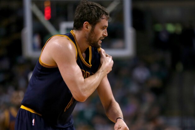 BOSTON, MA - APRIL 26: Kevin Love #0 of the Cleveland Cavaliers reacts after an injury against the Boston Celtics in the first quarter in Game Four during the first round of the 2015 NBA Playoffs on April 26, 2015 at TD Garden in Boston, Massachusetts. (Photo by Jim Rogash/Getty Images)