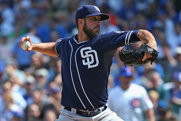 CHICAGO, IL - APRIL 17:  Starting pitcher James Shields #33 of the San Diego Padres delivers the ball against the Chicago Cubs at Wrigley Field on April 17, 2015 in Chicago, Illinois.  (Photo by Jonathan Daniel/Getty Images)