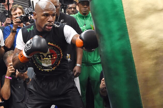 LAS VEGAS, NV - APRIL 14:  WBC/WBA welterweight champion Floyd Mayweather Jr. works out at the Mayweather Boxing Club on April 14, 2015 in Las Vegas, Nevada. Mayweather will face WBO welterweight champion Manny Pacquiao in a unification bout on May 2, 2015 in Las Vegas.  (Photo by Ethan Miller/Getty Images)