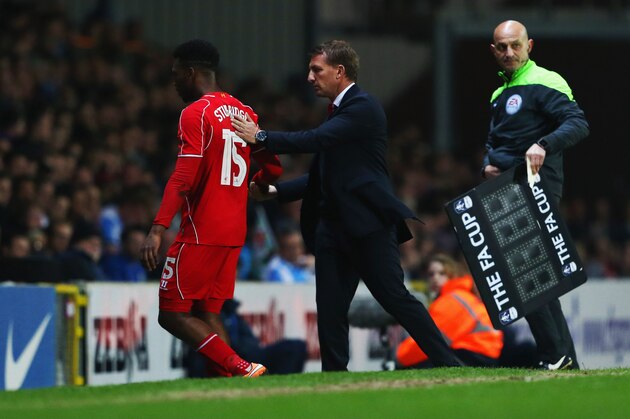 BLACKBURN, ENGLAND - APRIL 08:  Brendan Rodgers manager of Liverpool shakes hands with Daniel Sturridge of Liverpool as he is substituted during the FA Cup Quarter Final Replay match between Blackburn Rovers and Liverpool at Ewood Park on April 8, 2015 in Blackburn, England.  (Photo by Jan Kruger/Getty Images)