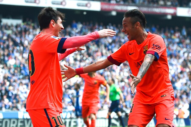 BARCELONA, SPAIN - APRIL 25:  Lionel Messi of FC Barcelona celebrates with his team mate Neymar of FC Barcelona after scoring his team's second goal during the La Liga match between RCD Espanyol and FC Barcelona at Cornella-El Prat Stadium on April 25, 2015 in Barcelona, Spain.  (Photo by David Ramos/Getty Images)