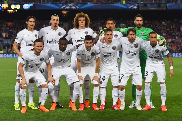 BARCELONA, SPAIN - APRIL 21:  PSG line up prior to the UEFA Champions League Quarter Final second leg match between FC Barcelona and Paris Saint-Germain at Camp Nou on April 21, 2015 in Barcelona, Spain.  (Photo by David Ramos/Getty Images)